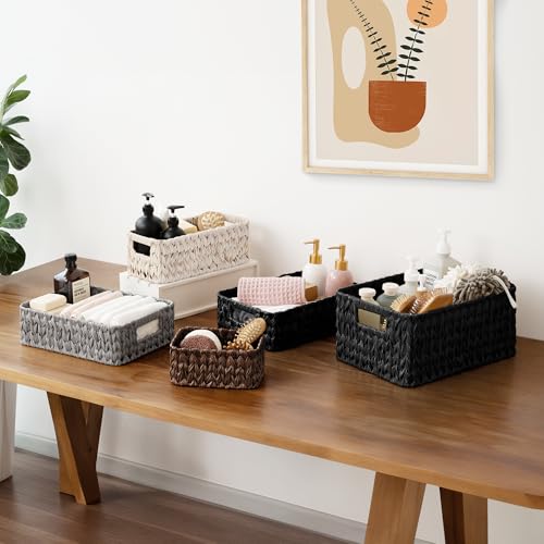 GRANNY SAYS Wicker Baskets for Storage, Wicker Storage Basket for Organizing, Large Woven Baskets, Waterproof Basket for Vanity, Home Decor, Black, 3-Pack - color: Black, size: 14½"L x 10¼"W x 7"H + 2x 13"L x 6"W x 4½"H