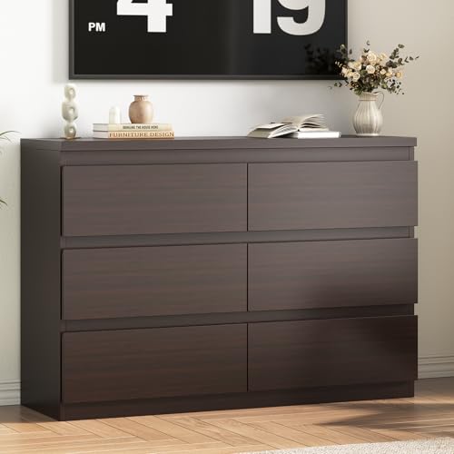 Jocoevol Modern 6 Drawer Dresser - Simply Chest of Drawers for Bedroom, Closet, Living Room, Hallway, Entryway, Wood Storage Double Dresser with Smooth Metal Rails - Retro Brown - color: Retro Brown