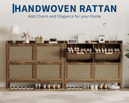 Garvee Farmhouse Rattan Shoe Cabinet, 47 Inch Boho Shoes Organizer with 4 Flip Drawers, Freestanding Narrow Shoe Rack for Entryway with Hidden Golden Handles&Adjustable Shelves(Brown) - size: 4 doors