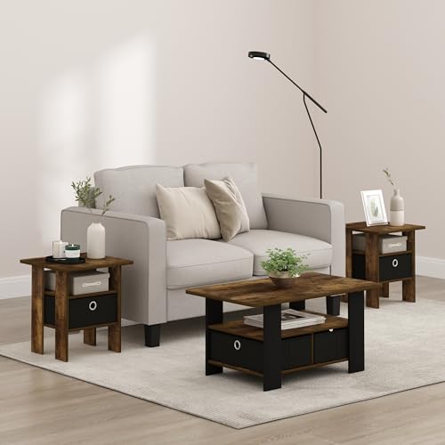 Furinno Andrey Side Table, Set of 2 End Table, Night Stand with Open Shelves and Storage Bin, Bedside Table, for Living Room, Bedroom, Amber Pine - color: Amber Pine/Black, size: 2-Pack, Center Bin