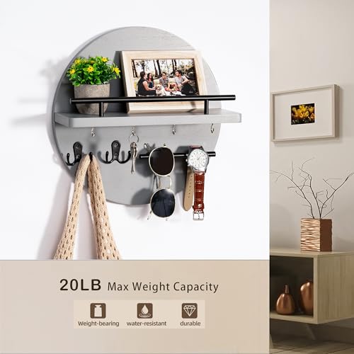 Key Holder for Wall Decorative with Shelf and Hooks, Unique Mail Organizer Wall Mount with Sunglasses Holder, Cute Circular Design Entryway Key Rack Hanger, Rustic Home Decor Boho Wall Decor (grey) - color: Gray