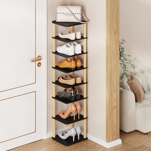 LUCKNOCK Vertical Shoe Rack, 8-Tier Tall Narrow Shoe Organizer for Entryway, Closet, Dorm & Small Spaces, Freestanding Wooden Shoe Shelf Tower for Boots, Sneakers, Heels. (Black) - color: Black