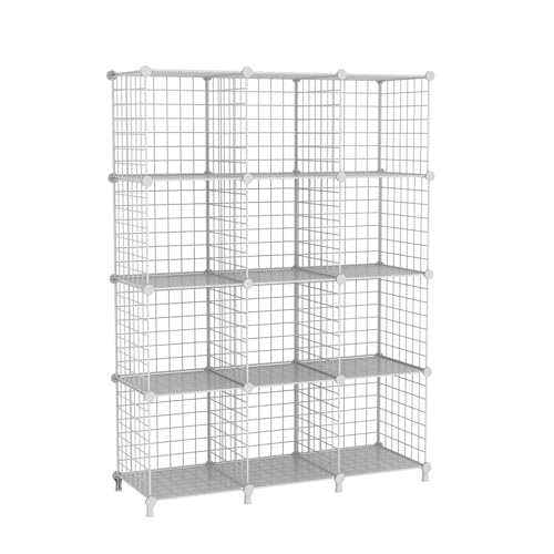 12-Cube Storage Organizer, Metal Wire Cube Shelving Unit, 11.8" L x 11.8" W x 11.8" H, Modular Grid Bookshelf for Closet, Bedroom, Office, White ATTJL12W - color: White
