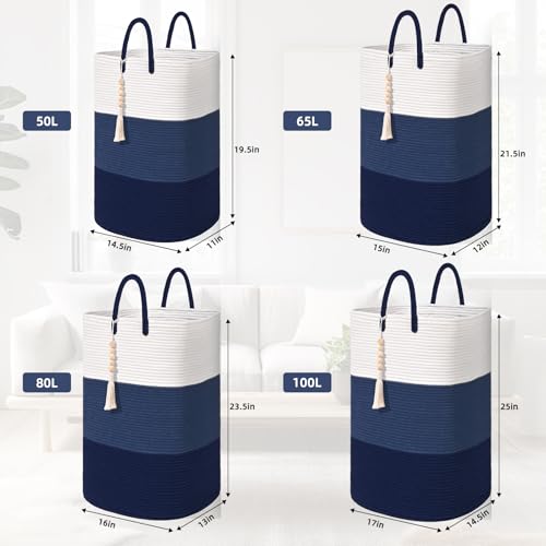 Woven Laundry Basket for Clothes,100 L Large Rectangle Laundry Hampers with Beads Tassel, Nursery Storage Basket for Toys, Tall Dirty Clothes Hamper for Bedroom Aesthetic, Laundry Room Organization - color: Gradient Blue, size: 100L