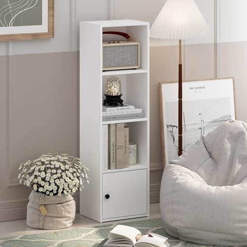 Furinno Luder Shelf Bookcase with 1 Door Storage Cabinet, White - color: White, size: 4-Cube with Cabinet