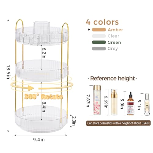 360° Rotating Makeup Organizer, Upgraded 3 Tier Skincare Perfume Organizers for Women, Bathroom Organizer Countertop, Clear Cosmetic Dresser Organizer with Makeup Brush Holder, Sink&Counte (Clear) - color: Clear, size: 3 Tier