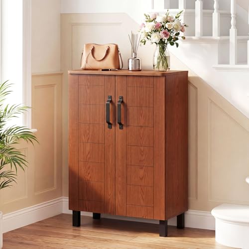 Giantex 5-Tier Shoe Storage Cabinet, Freestanding Wooden Entryway Cabinet w/Storage, 2 Doors, Removable Shelves, Shoes Rack Organizer w/Ventilation Hole for Hallway Closet Living Room (Brown) - color: Brown