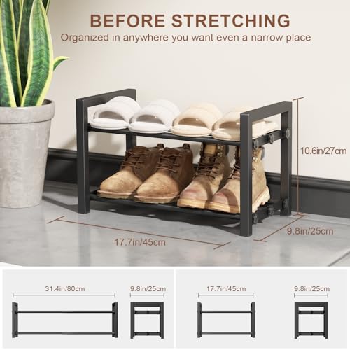 2-Tier Expandable Shoe Rack,Adjustable Shoe Shelf Storage Organizer Heavy Duty Metal Free Standing Shoe Rack for Entryway Closet Doorway (Black) - size: 2 Tier