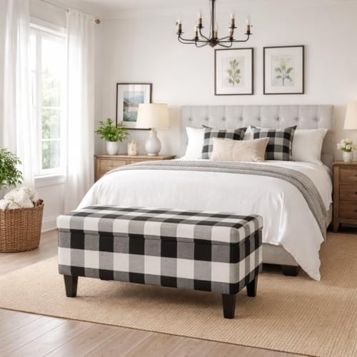 HomePop Large Upholstered Rectangular Storage Ottoman Bench with Hinged Lid, Black Buffalo Plaid - color: Black Plaid