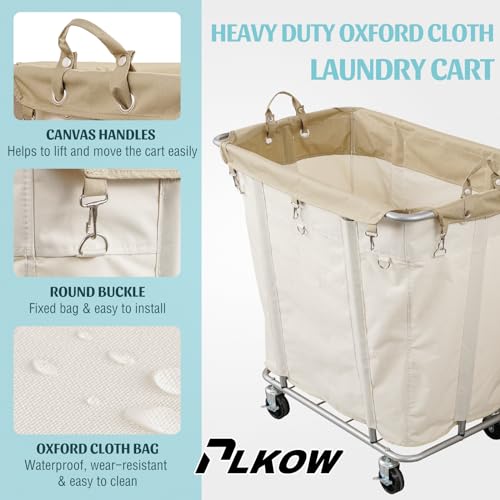 PLKOW Laundry Cart with Wheels 320L Large Rolling Laundry Cart for Commercial/Home, Rolling Laundry Basket with Steel Frame and Waterproof Lining, 9 Bushel, 32.3L x 19.7W x 30.7H Inch, Beige - color: Beige-320L