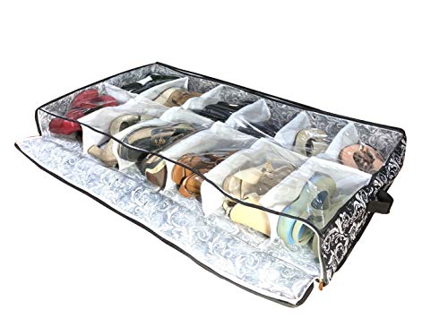 12 Cells See Through Underbed Shoes and Boots Storage Bag Organizer with Black and White Flower (Black) - 40.9x24.4x5.51 Inch - color: black
