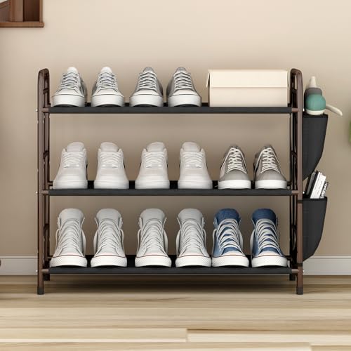 3 Tier Shoe Rack with Side Pockets, Shoe Organizer Space Saver Storage for 7-9 Pairs Shoes Storage Shelf Sturdy Free Standing Metal Long Shoe Holder Organizer for Closet, Entryway Bronze - color: Bronze, size: 3 Tier