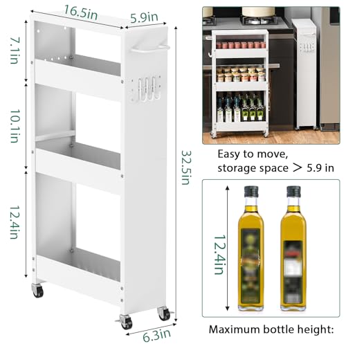 XYZLVSI Slim Storage Cart, 4 Tier Rolling Kitchen Cart on Wheels for Small Space, Narrow Laundry Bathroom Organizers Mobile Shelving Unit Metal Utility Cart with Handle, 5.9in Width, White - size: 5.9IN-White