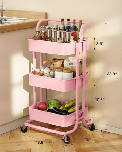 Pipishell 3 Tier Mesh Utility Cart, Rolling Metal Organization Cart with Handle and Lockable Wheels, Multifunctional Storage Shelves for Kitchen Living Room Office Pink - color: Pink, size: 3-Tier