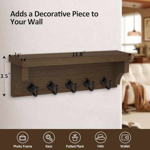 Nekon Key Holder for Wall, 11.8" W x 3.5" H x 2.8" D Decorative Key Organizer with Floating Shelf, Wall Mount Key Rack with 5 Hooks (Rustic Brown) - color: Rustic Brown