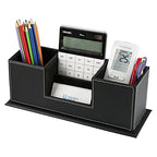 KINGFOM Office Supplies Desk Organizer PU Leather Storage Box 4 Divided Compartments for Pen Business Card Remote Control Mobile Phone Cosmetics Collection Holder (Black) - color: Black-L