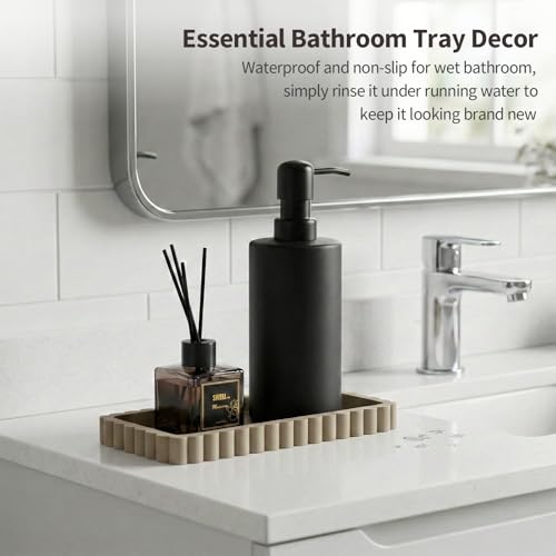 Small Silicone Bathroom Vanity Tray, Sink Caddy for Dish Soap Dispenser, Sponge Holder for Kitchen Sink, Rectangle Bathroom Countertop Organizer for Perfume, Jewelry, Candle (7.9” * 4”, Khaki) - color: Khaki, size: 7.9" x 4" x 0.7"