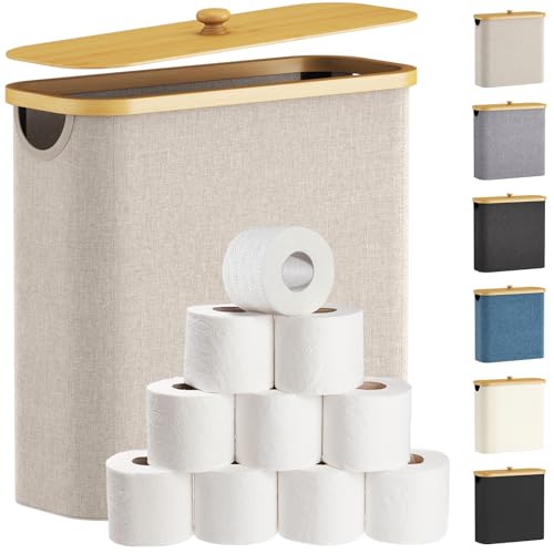 Lifewit Toilet Paper Storage Holder for 12 to 16 Rolls, Free Standing Toilet Paper Basket Stand with Bamboo Lid, Collapsible Fabric Bathroom Organizer Box for Mega Rolls, 30L, Extra Large, Beige - color: Beige, size: 30L