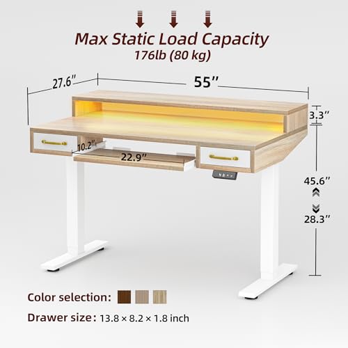 TIQLAB Standing Desk with Two Drawers, Stand Up Standing Desk Adjustable Height, Electric Sit Stand Table with Storage Shelf and Splice Board, with LED Light, 55 * 28 inch, Maple - color: Maple, size: 55*28 inch with keyboard tray