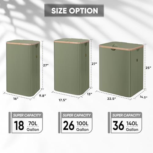 BALEINE Laundry Hamper with Lid, Tall Laundry Baskets with Bamboo Pull Handles, Large Laundry Bin with Internal Support (36 Gal/140L, Green) - color: Green, size: 140 liters