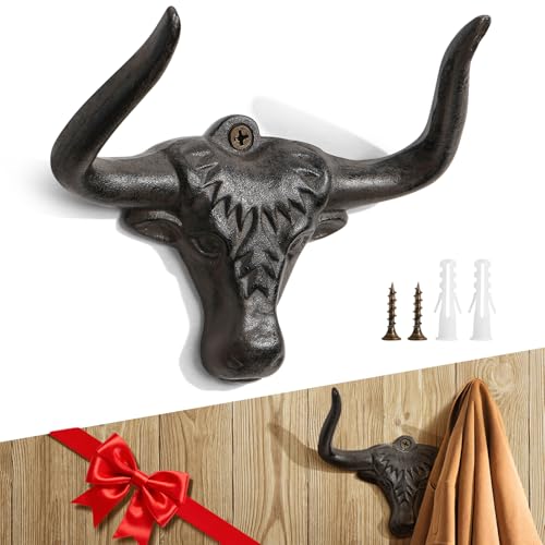 Cast Iron Coat Hooks Wall Mount 2 Pack Outdoor Western Decorative Wall Hooks Heavy Duty Towel Hooks for Bathroom Entryway Closet Cow Bull Animal Hooks Western Rustic Farmhouse Wall Decor, Antique Rust - color: Antique Rust