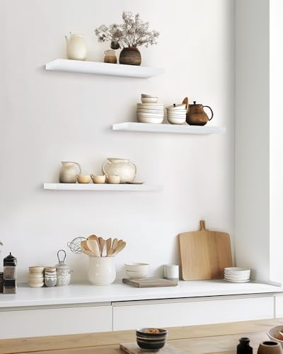 BAYKA White Floating Shelves for Wall, Set of 3, 22.5 Inches Wall Mounted Rustic Wood Shelves for Bathroom, Bedroom, Living Room or Kitchen, Hanging Shelf for Books/Storage/Decor/Display - color: C. White - Modern Minimalist Style, size: 22.5inches