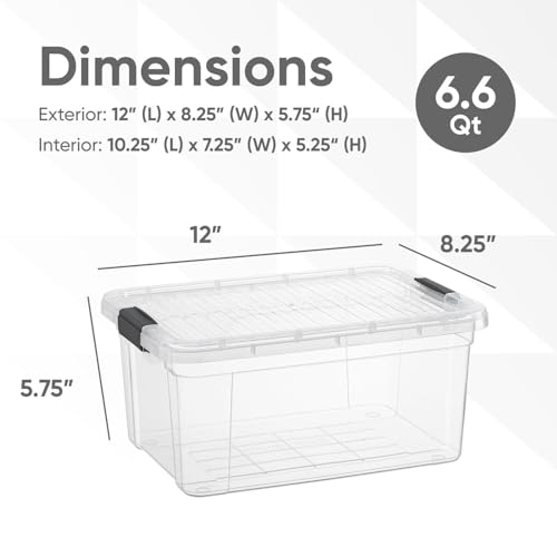 Superio Small Clear Storage Box with Lid, 6.6 Quart Plastic Container Bins for Organizing, Stackable Crates, BPA Free, Non Toxic, Odor Free, Organizers for Home, Office, School, and Dorm - size: 12" x 8.25" x 5.75"
