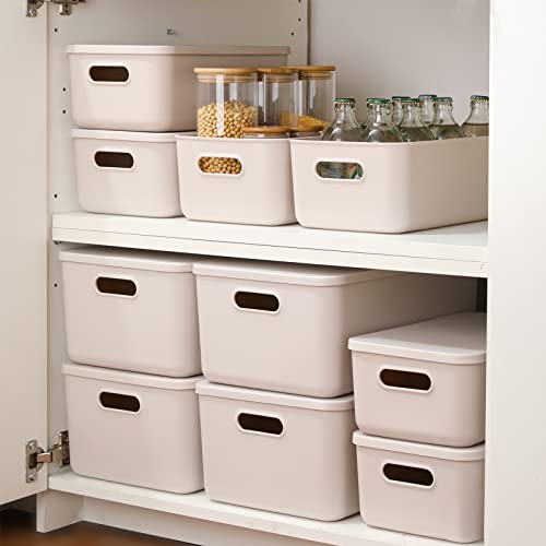 Yishyfier Plastic Storage Baskets With Lid Organizing Container Lidded Knit Storage Organizer Bins for Shelves Drawers Desktop Closet Playroom Classroom Office (M+2S, Light grey) - size: M+2S