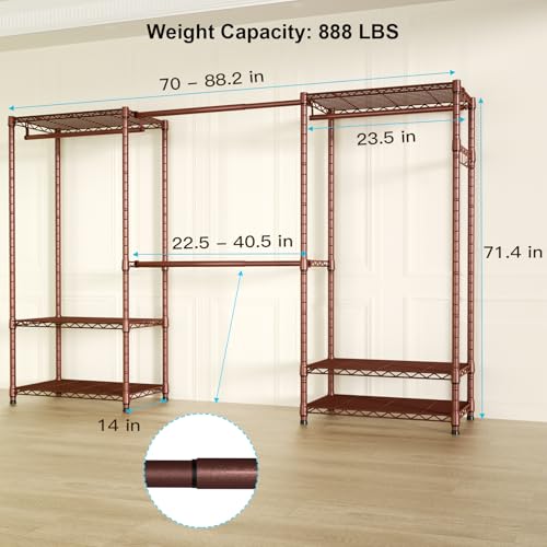 Ulif E1 Heavy Duty Closet Garment Rack, 6 Tiers Adjustable Metal Freestanding Expandable Clothing Storage with 4 Hanger Rods, Easy to Assemble Wardrobe, 71.4" H x (70" - 88.2") L x 14" D, Bronze - color: Bronze
