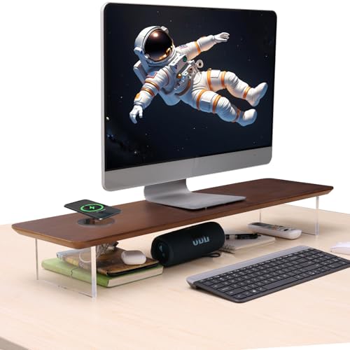 SUIBIAN Elegant Wood & Acrylic Monitor Stand with 15W Wireless Charging – 31.5" Large Desk Riser for Ergonomic View, Desktop Organizer, Laptop & PC | Modern Floating Design(Walnut Wood) - color: Walnut Wood