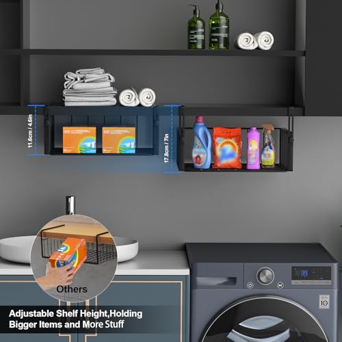 AmonHouseware 2Pack Under Shelf Basket Organizer,Adjustable Hanging Holder Storage for Cabinet Pantry Kitchen Cupboard Desk Counter Bookshelf Organization Add-on Space Saver Heavy Duty Slide-in,Black - color: Black