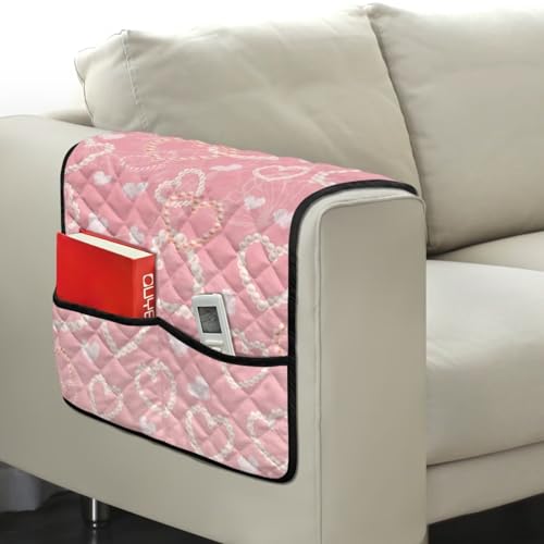 Pink Pearl Heart Print Couch Armrest Cover for Recliner with Side Pocket Comfortable Recliner Armrest Organizer Furniture Protector Waterproof Armchair Slipcover for Couch - color: Pink Pearl Heart