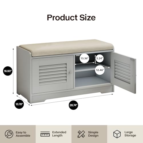 2 Tier Storage Bench with Cushion,31.5" Entryway Bench with Shoe Storage,Shoe Storage Cabinet with Adjustable Shelves,2 Door Cabinet with Hidde for Hallway,Bedroom,Living Room,Grey