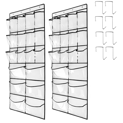 2 Pack Extra Large Hanging Crystal Clear Over Door Shoe Organizers, Closet Shoe Rack Organizer, 12+6 Pockets, 8 Hooks, White (59" x 21.6") - color: WH&TR