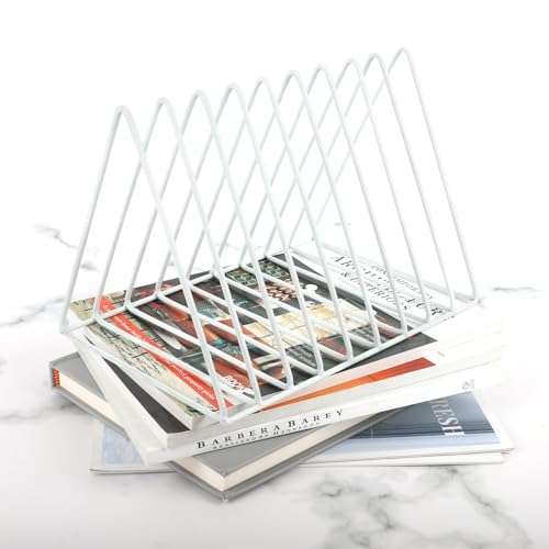 EASEPRES Vinyl Record Holder Storage, 9 Slot Metal Magazine Book Album Display Rack, Stylish Triangle Desktop File Sorter Organizer for Home Office, White Pack of 2 - color: 2 Pack White