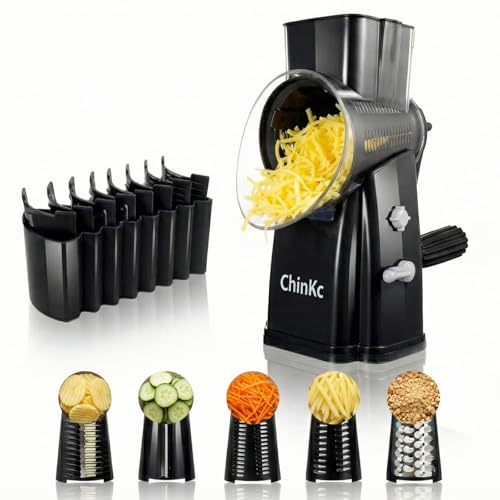 Upgrade Rotary Cheese Grater Shredder with Handle, Strong Suction Base, Multi-purpose Rotary Grater Slicer with 5 Interchangeable Blades for Ice, Vegetables, Fruit, Nuts with Blade Storage Box - color: Black