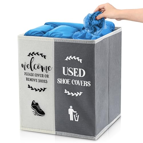 Shoe Cover Box Dispenser Foldable Storage Bin Holder with Used Shoe Covers and Welcome Please or Remove Sign for Open House Supplies(Beige, Gray) - color: Beige, Gray