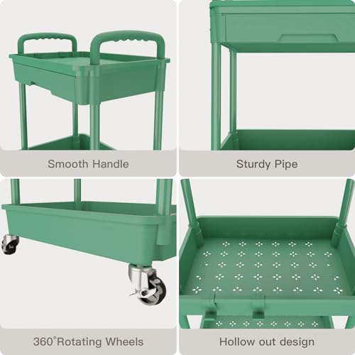 REBECAT 3 Tier Rolling Utility Cart with Drawer,Rolling Storage Cart,Storage Cart for Kitchen,Bathroom,Living Room, Organizer with Iron Wheels(Green) - color: Green