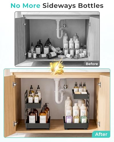 EVERIE Height Adjustable 2 Tier Metal Pull Out Slide Shelf Organizer for Under Sink Cabinets in Kitchen, Bathroom, with Snap-on Top Tray, 16" Deep (Black, 2 Sets) | Pull Out, Slide Shelf - color: Black, size: 2 Sets