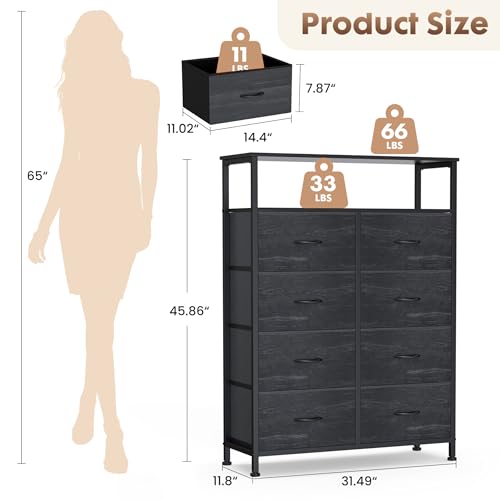DUMOS Fabric Dresser for Bedroom with 8 Drawers, Tall 8-Drawer Chest of Drawers with Raised Shelf, Storage Tower with Fabric Bins for Closet Organization, Hallway Storage, Black Wood Grain Print - color: Black Wood Grain Print, size: 31.5"D x 45.9"W x 11.