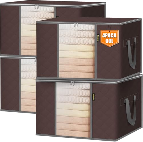 BALEINE 4 Pack Clothes Storage Bags, 16 Gallon Storage Containers with Reinforced Handle, Sturdy Zipper, Closet Organizer for Blanket, Comforter, Pillow, Bedding (Brown, 4 Pack) - color: Brown, size: 4 Pack-16 Gallon