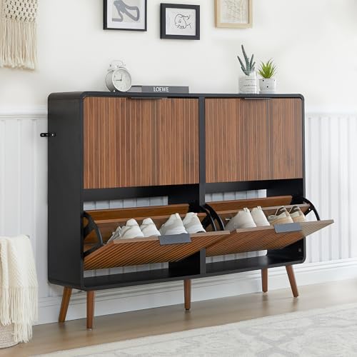 47" Fluted Large Shoe Cabinet with 4 Flip Drawers, Slim Freestanding Shoe Cabinet Organizer, Narrow Shoes Storage Rack for Entryway, 5 Sturdy Legs (Walnut with black, 9.45"D x 47.24"W x 35.83"H) - color: Walnut With Black#, size: 4 Drawers