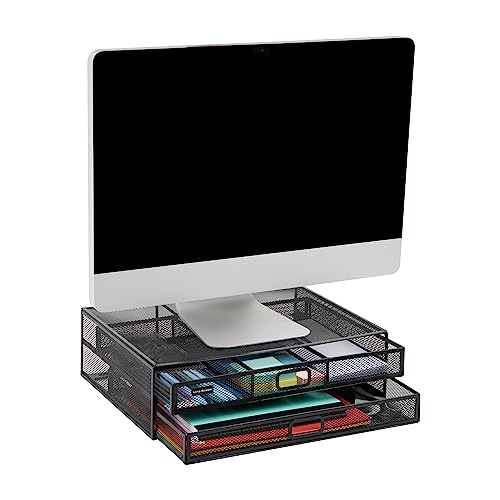 Mind Reader Monitor Stand, Ventilated Laptop Riser, Storage Drawer, Office, Metal Mesh, Black