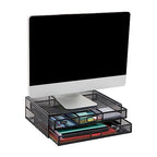 Mind Reader Monitor Stand, Ventilated Laptop Riser, Storage Drawer, Office, Metal Mesh, Black