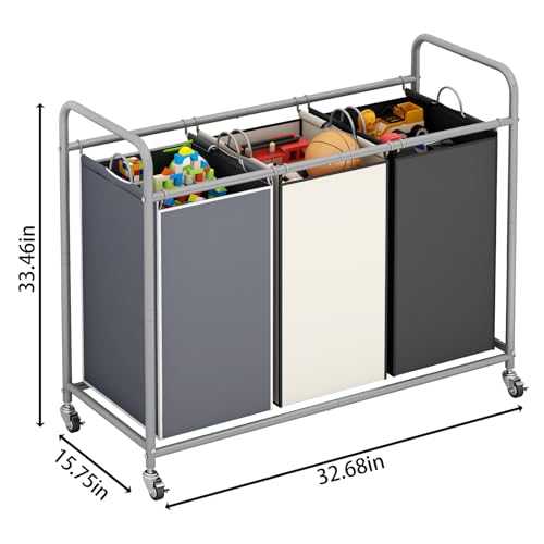 LINZINAR 3-Bag Laundry Basket Sorter Laundry Hamper Cart with Heavy Duty Rolling Lockable Wheels and Removable Bags (Assorted) - size: 3 Bags Assorted