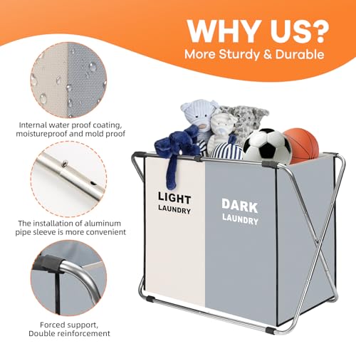 Laundry Cloth Hamper Sorter Basket Bin Foldable 2 Sections with stainless steel Frame Washing Storage Dirty Clothes Bag for Bathroom Bedroom Home Storage Basket (White+gray, 2 Sections) - color: White+gray, size: 2 Sections