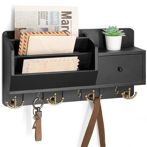 Rebee Vision Key Holder Wall Mount with Mail Sorter - Decorative Mail Organizer for Wall with Key Hooks and Drawer Organizer - Modern Home Essentials for Room Decor (Black) - color: Black