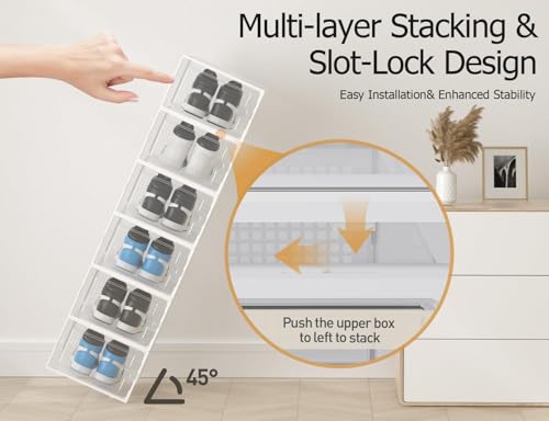 15 Pack X-Large Shoe Storage Boxes Organizers, Shoe Boxes Clear Plastic Stackable Shoe Containers with Lids, Foldable Space-Saving Storage Bins Shoe Cabinet, Fit up to Men's US 11/Women's US 12, White - color: White, size: 15 Pack-XL