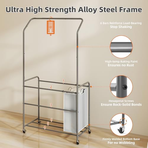 ROMOON Laundry Hamper Sorter Cart: 4 Section Organizer with Hanging Bar and Heavy-duty Lockable Wheels | 180L Rolling Laundry Basket with Clothes Rack in Laundry Room or Small Spaces (Grey) - color: grey