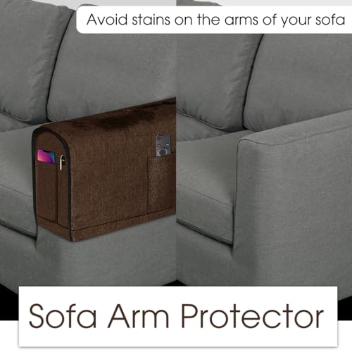 Joywell Linen Armrest Covers for Living Room Anti-Slip Sofa Arm Protector for Dogs, Cats, Armchair Slipcover for Recliner with 4 Pockets for TV Remote Control, Phone, Set of 2, Dark Brown
